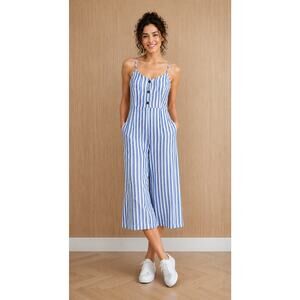 Gap Linen Cami Striped Wide Leg Jumpsuit Womens Size Large Pockets Coastal
